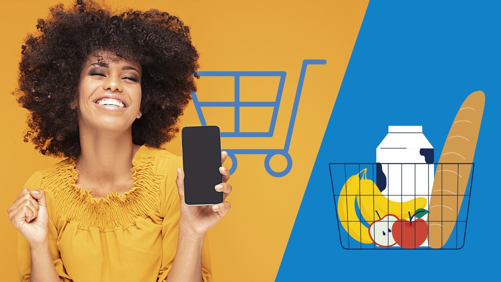 Woman is happy about digital shopping cart